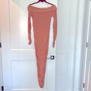 Peach rouched midi off the shoulder cocktail dress
